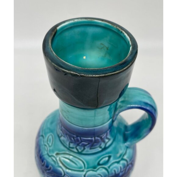 MCM Japan Turquoise & Cobalt Blue Floral Ceramic Pitcher Vase 7.5" With Handle - Picture 9 of 11